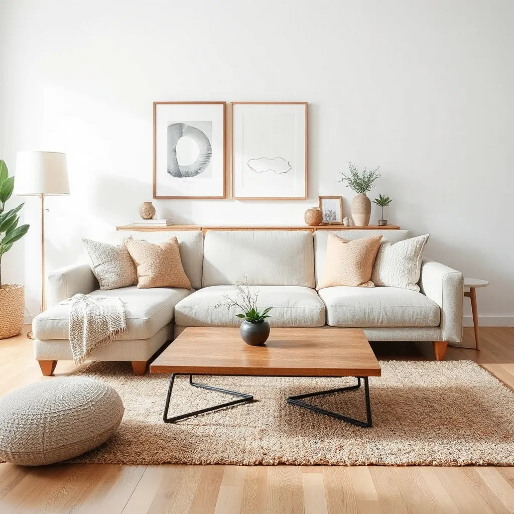 Bright living room styled with neutral decor, layered textiles, wall art, and a floor lamp