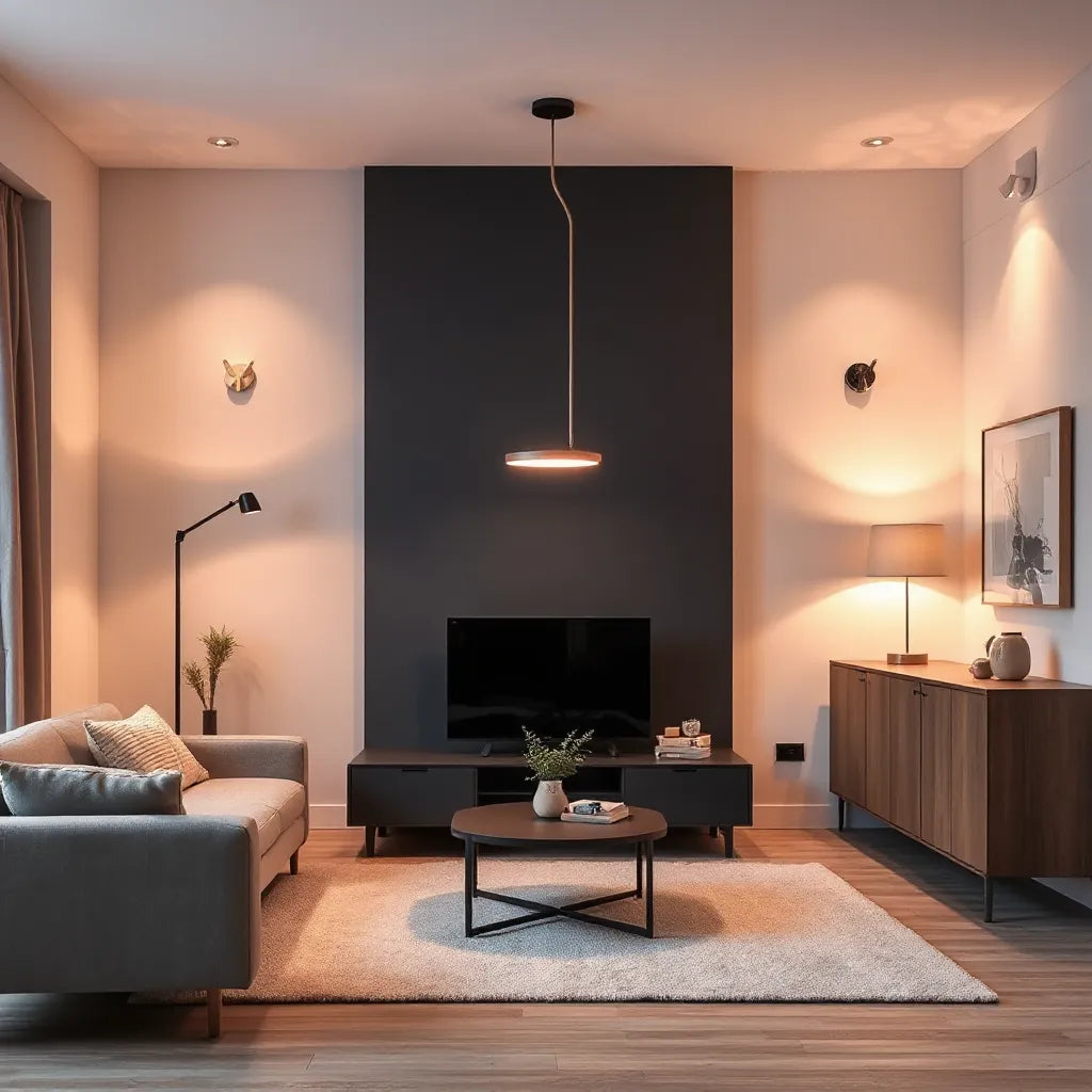 Modern living room featuring sculptural floor lamp, pendant light, and warm ambient lighting