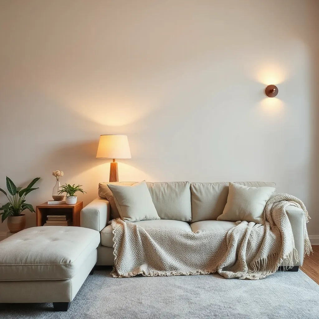 Cozy living room with warm ambient glow from a table lamp and floor lamp