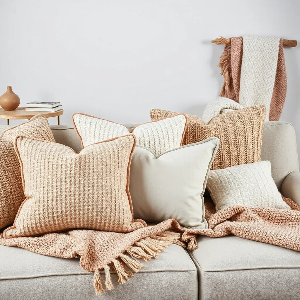 Layered textured throw pillows on a neutral sofa with visible woven and knit patterns