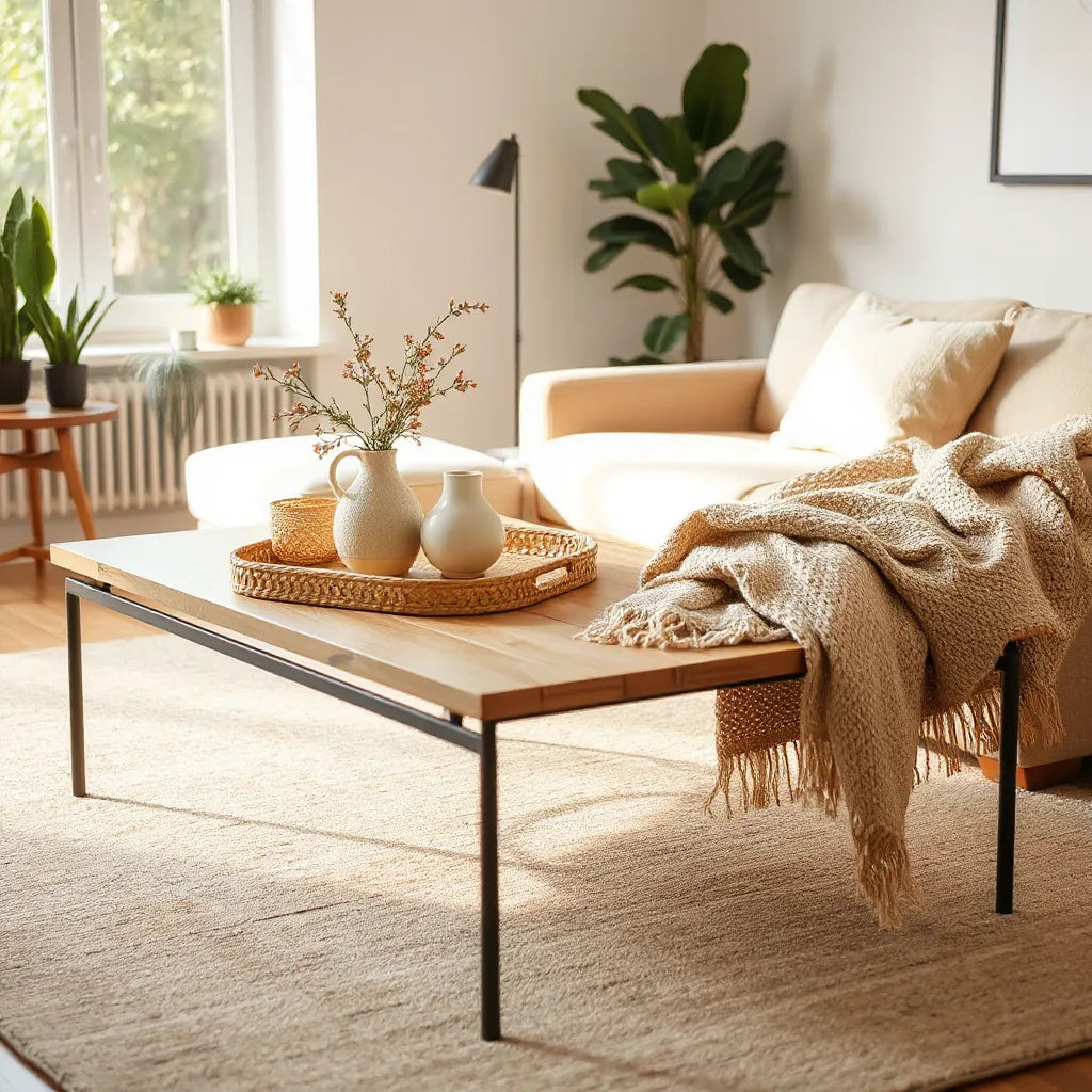 Neatly styled coffee table with home goods accessories in a bright neutral living room