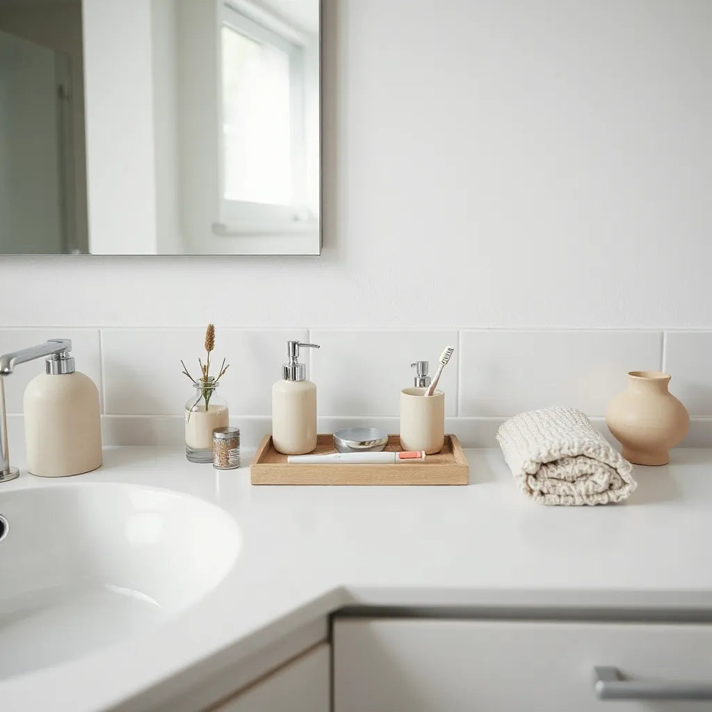 Modern bathroom countertop styled with coordinated soap dispenser, toothbrush holder, and tray