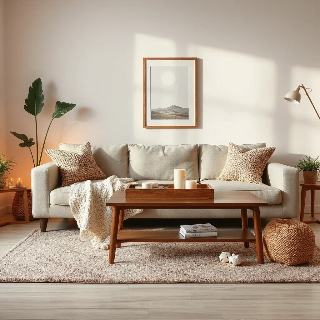 Warm, inviting living room with layered textiles, soft lighting, and a comfortable sofa