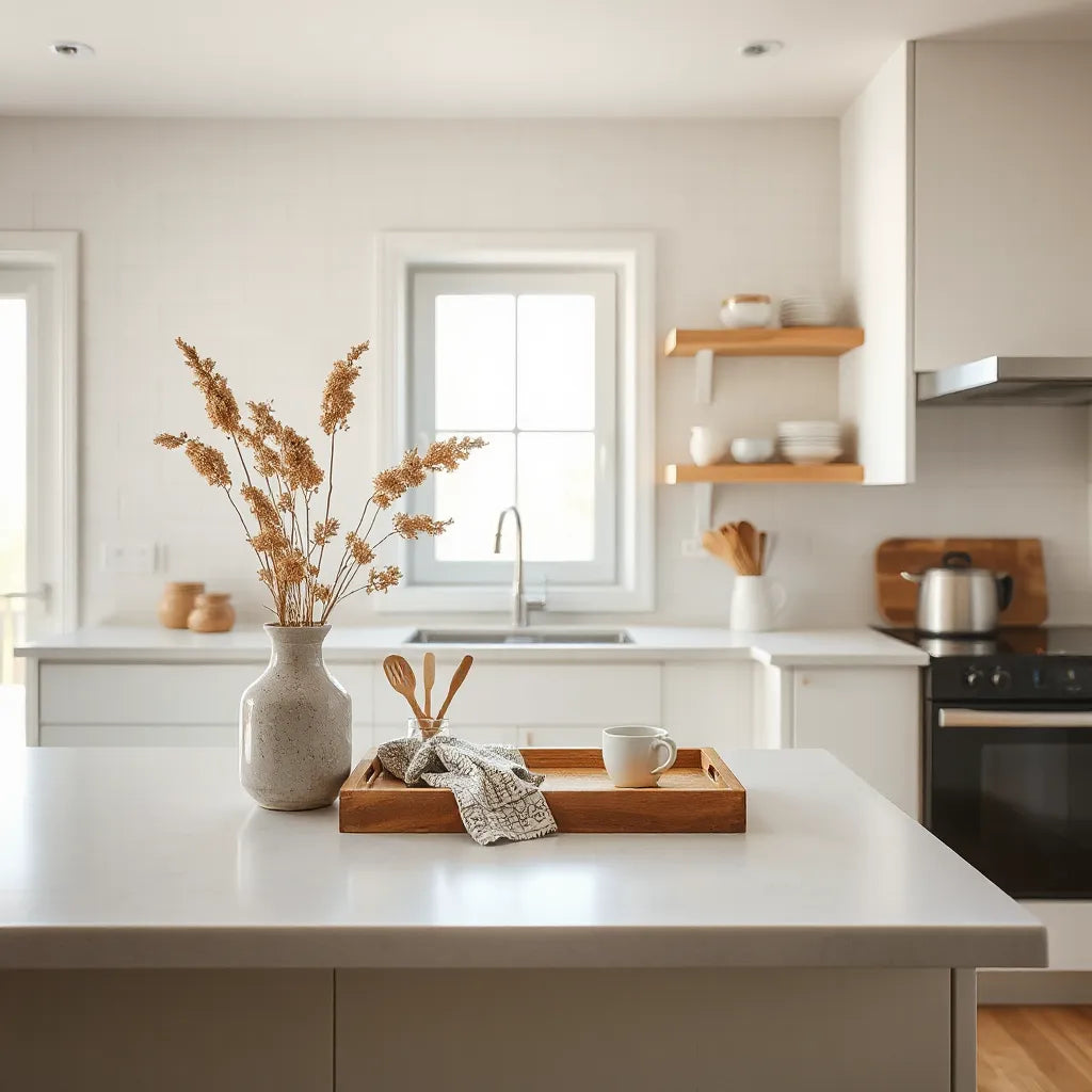 Modern kitchen counter styled with unique decor accents like a vase, tray, and dish towel