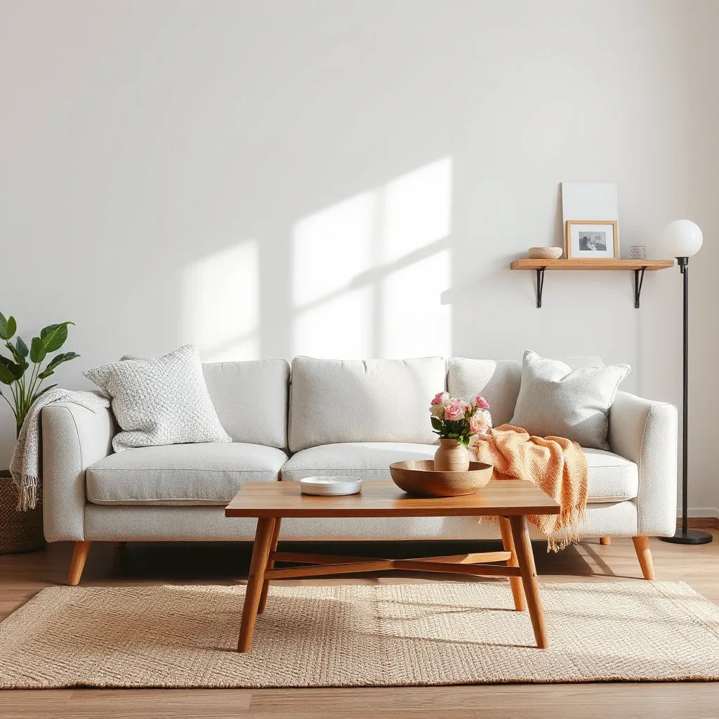 Bright living room styled with cushions, warm lighting, and minimal decor accents