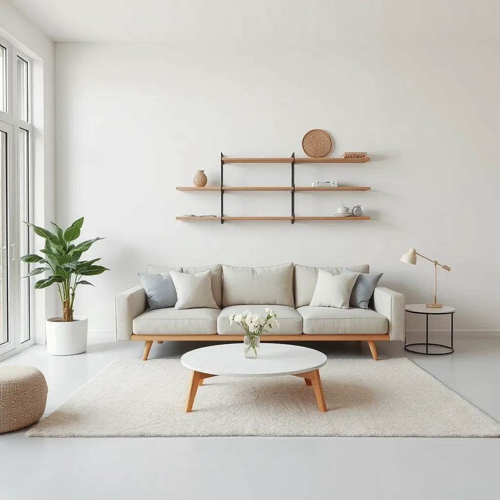 Bright minimalist living room with neutral furniture, simple decor, and a few clean-lined accents