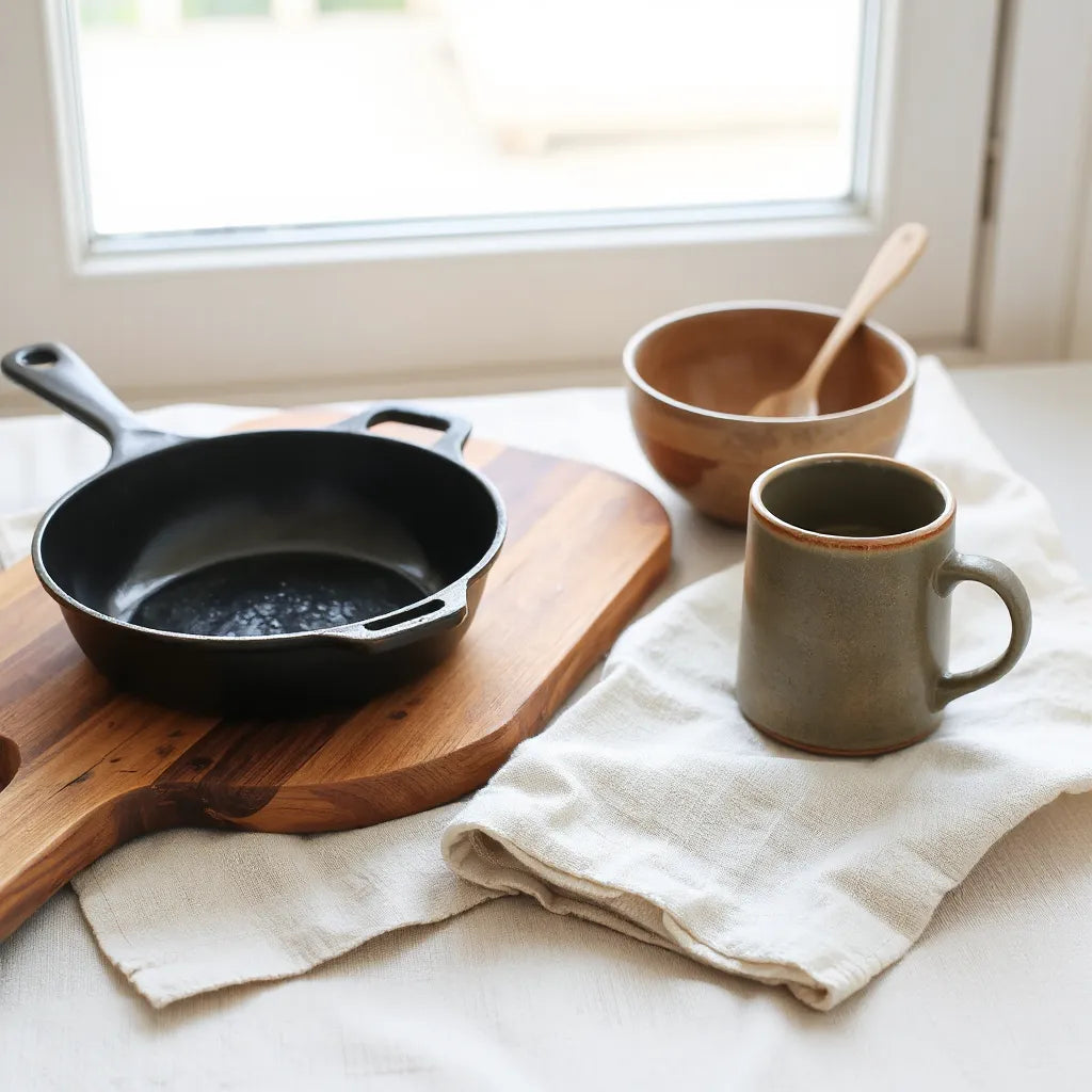 Handcrafted ceramic bowl, wooden cutting board, and cast-iron skillet on linen under soft natural light