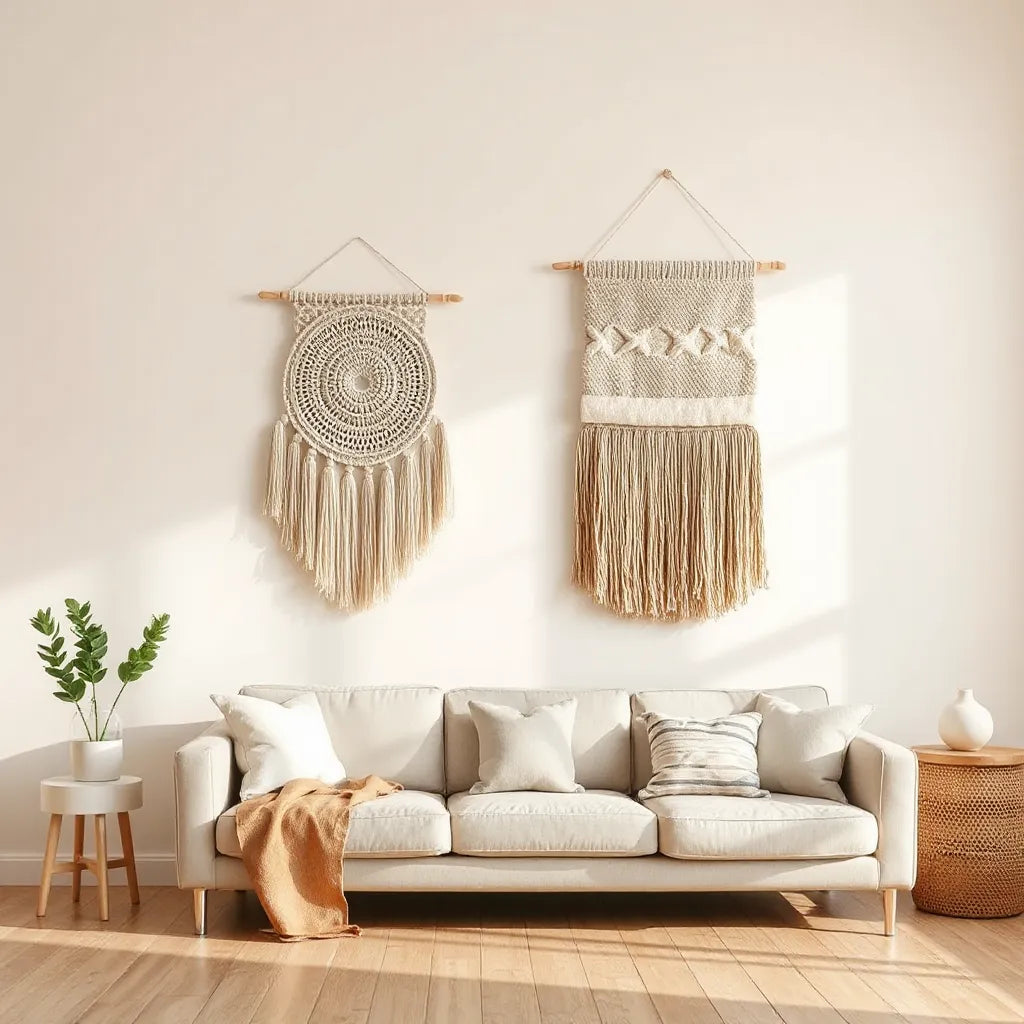 Handcrafted woven wall hangings with natural textures displayed above a minimalist sofa