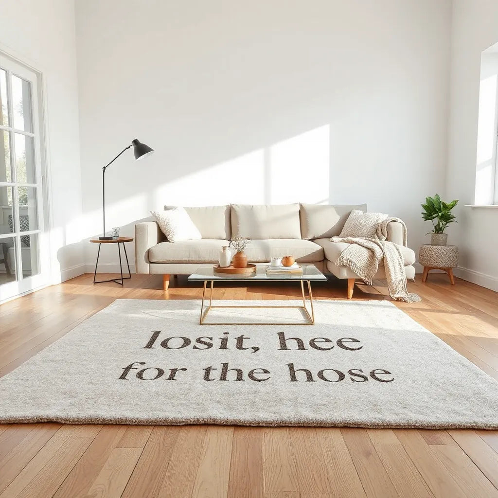 Neutral decorative rug with elegant quote-style pattern under a modern living room seating area