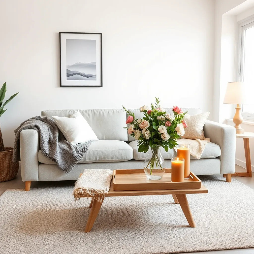 Bright living room styled with neutral decor, warm lamp light, and a coffee table arrangement