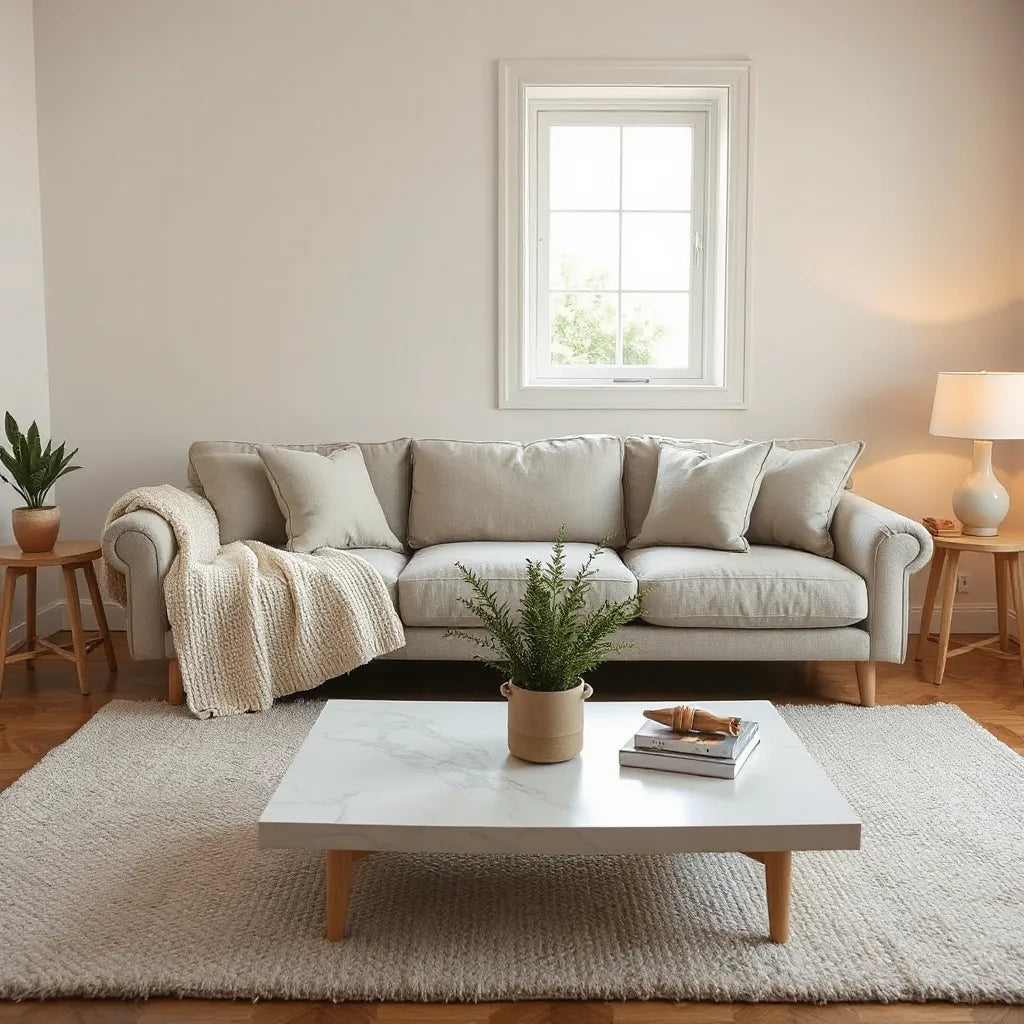 Cozy living room with neutral sofa, throw blanket, cushions, rug, and a simple coffee table vase