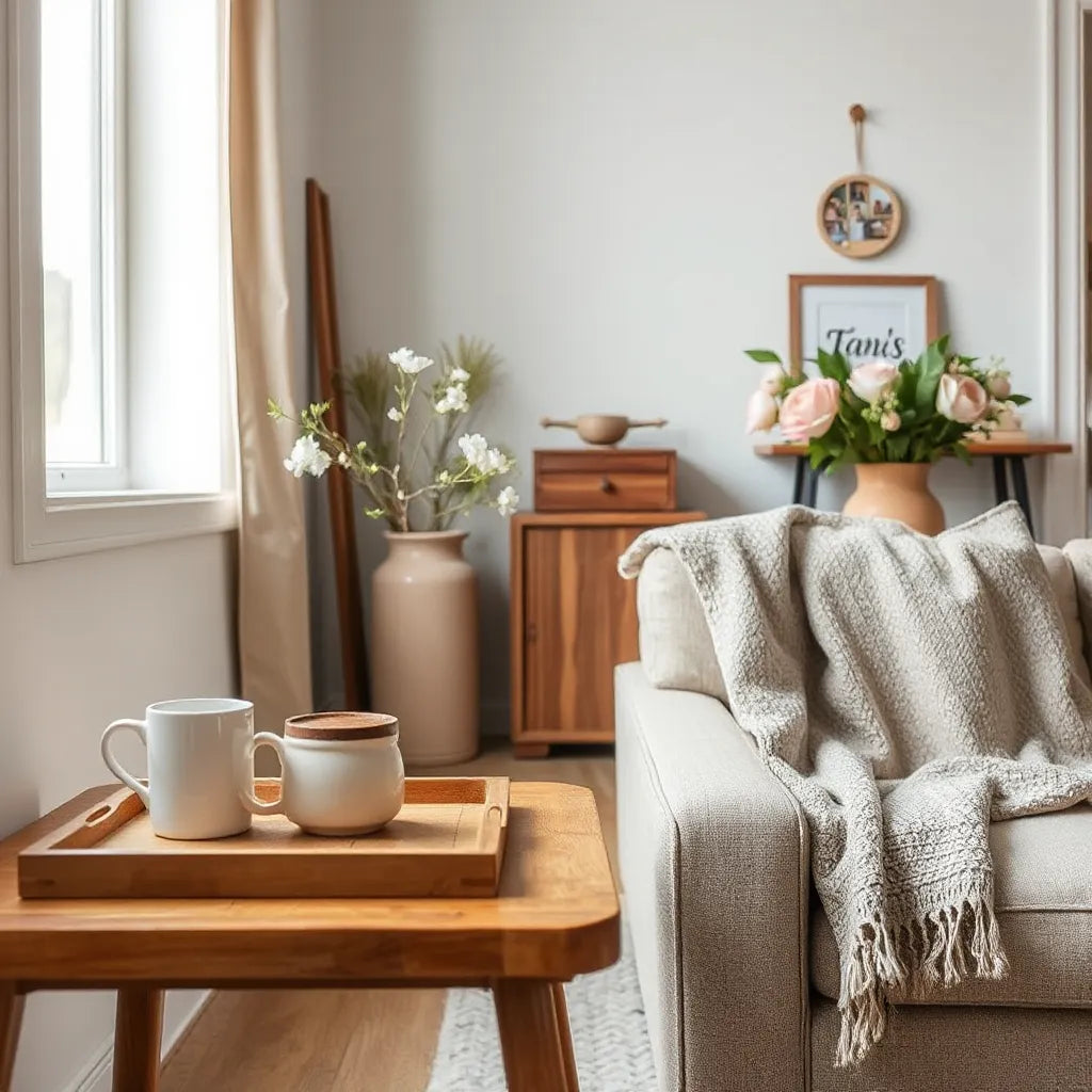 Cozy living room table with customized mug, engraved tray, and framed home keepsake