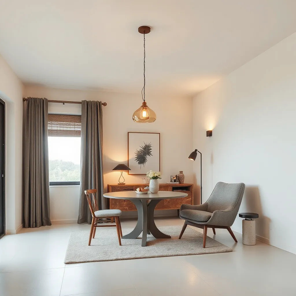 Warm pendant, floor lamp, and wall sconce creating a stylish glow in a modern living room