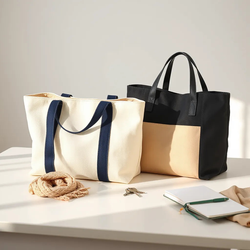 Two-tone tote bags in contrasting colors on a neutral table with a scarf and small everyday items