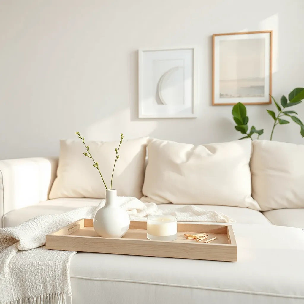 Minimal living room with neutral decor, a ceramic vase, and a simple tray on a clean surface