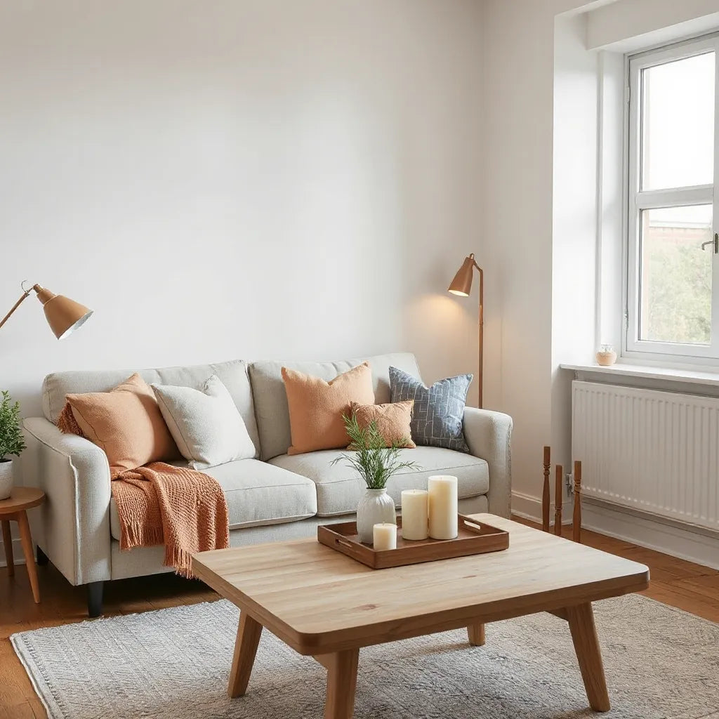 Cozy living room styling with decorative pillows, a throw, lamp, and minimalist table accents