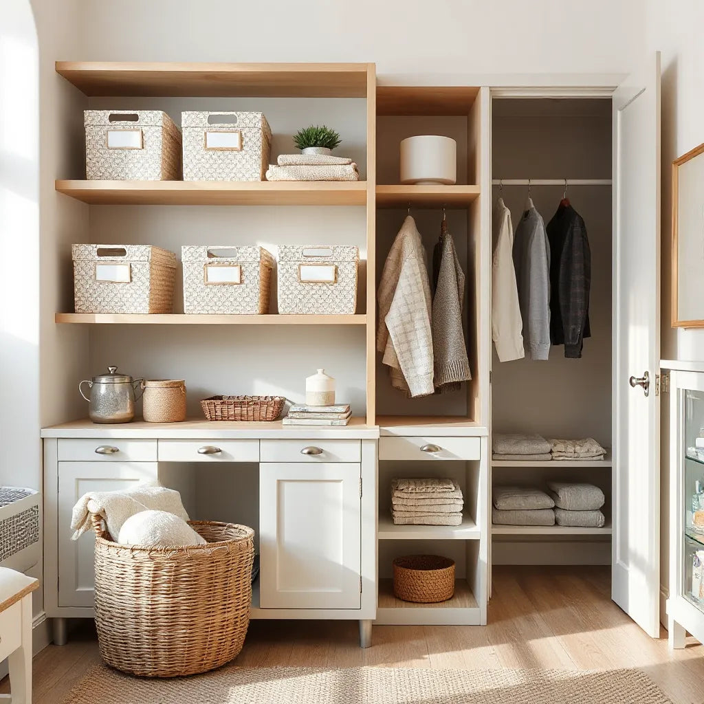 Bright living room with neatly organized storage bins, folded textiles, and a tidy entry organizer