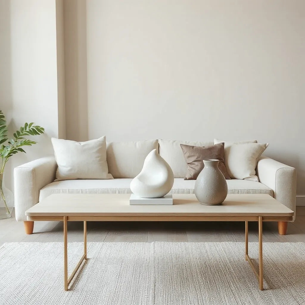 Abstract ceramic sculpture on a neutral console table in a warm, minimalist living room