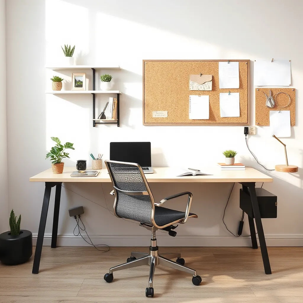 Bright modern desk setup with organizers, ergonomic chair, and soft natural light for focused work