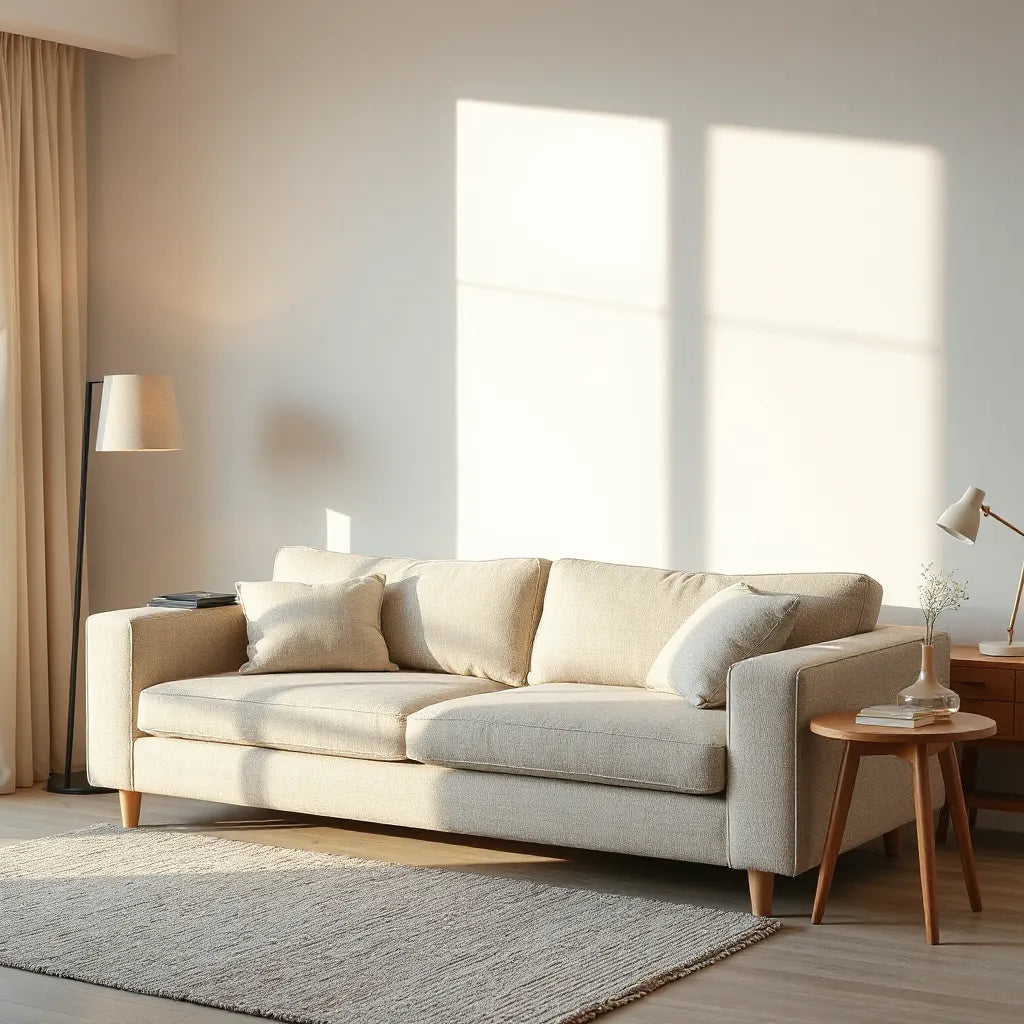 Warm floor and table lamps illuminating a modern living room with neutral décor