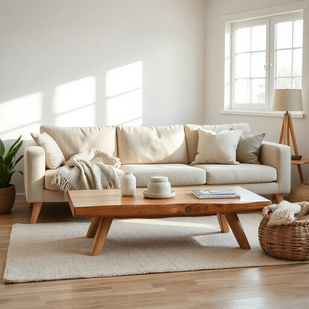 Modern living room with reclaimed wood coffee table and neutral linen seating
