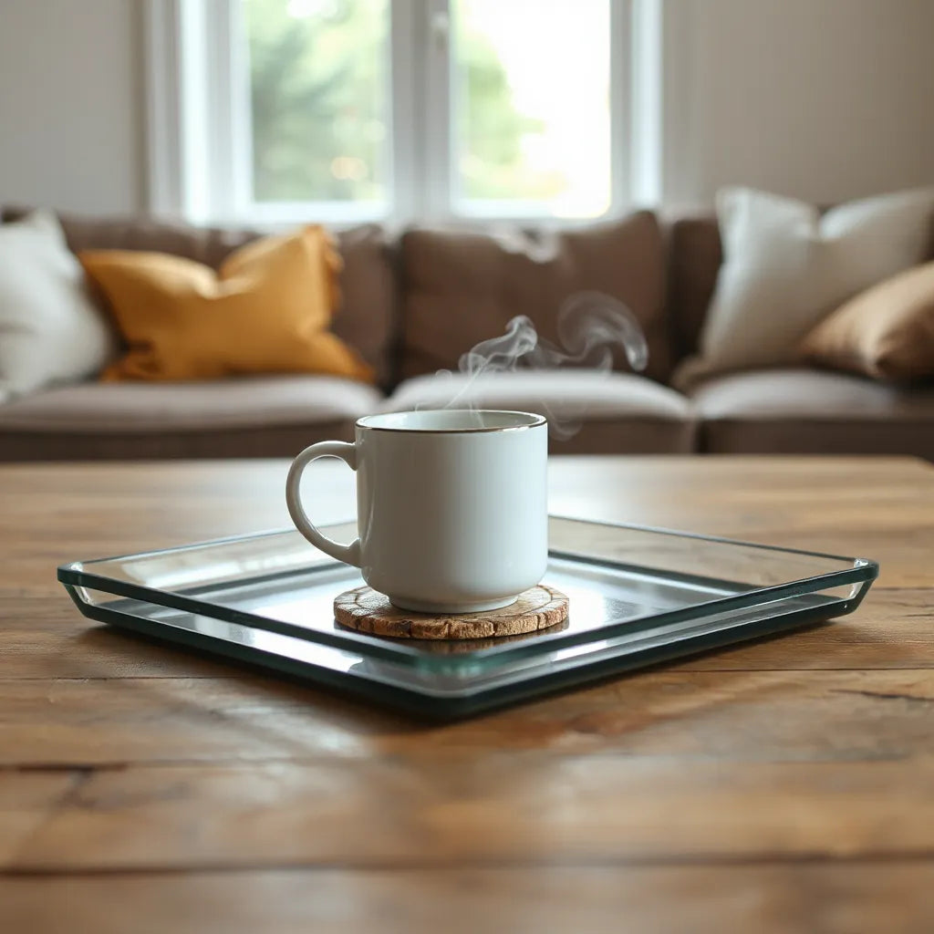 A set of vintage inspired coasters under a mug on a neatly styled coffee table