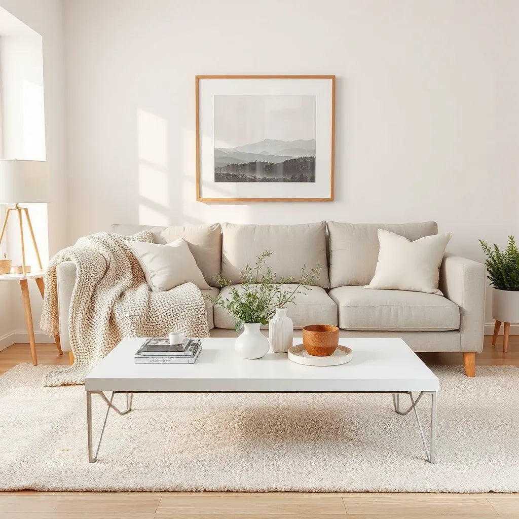 Bright living room with neutral sofa, styled coffee table, framed wall art, and warm natural light