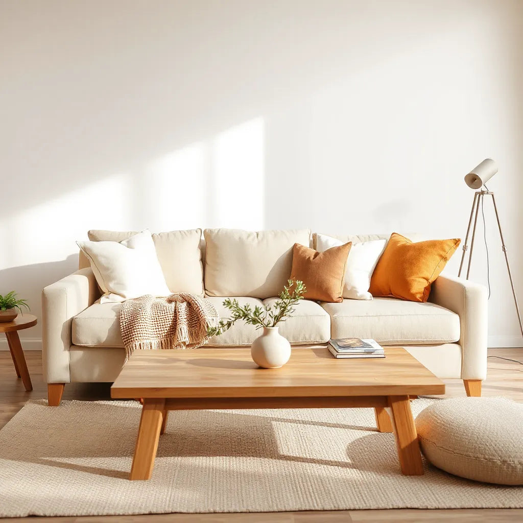 Bright living room styled with neutral decor, cushions, a textured throw, and a small plant on the table