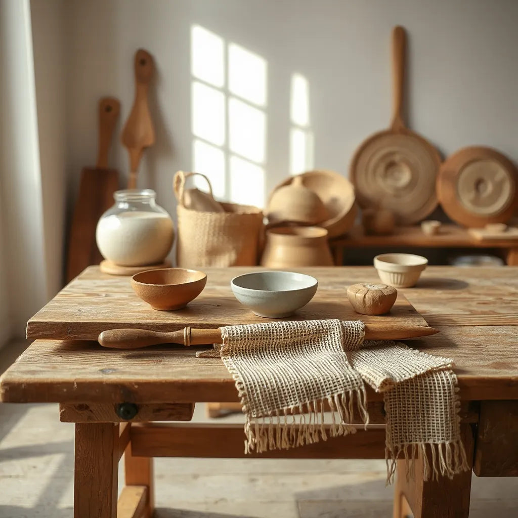 Handcrafted ceramic, woven textile, and carved wood items on a wooden artisan workbench