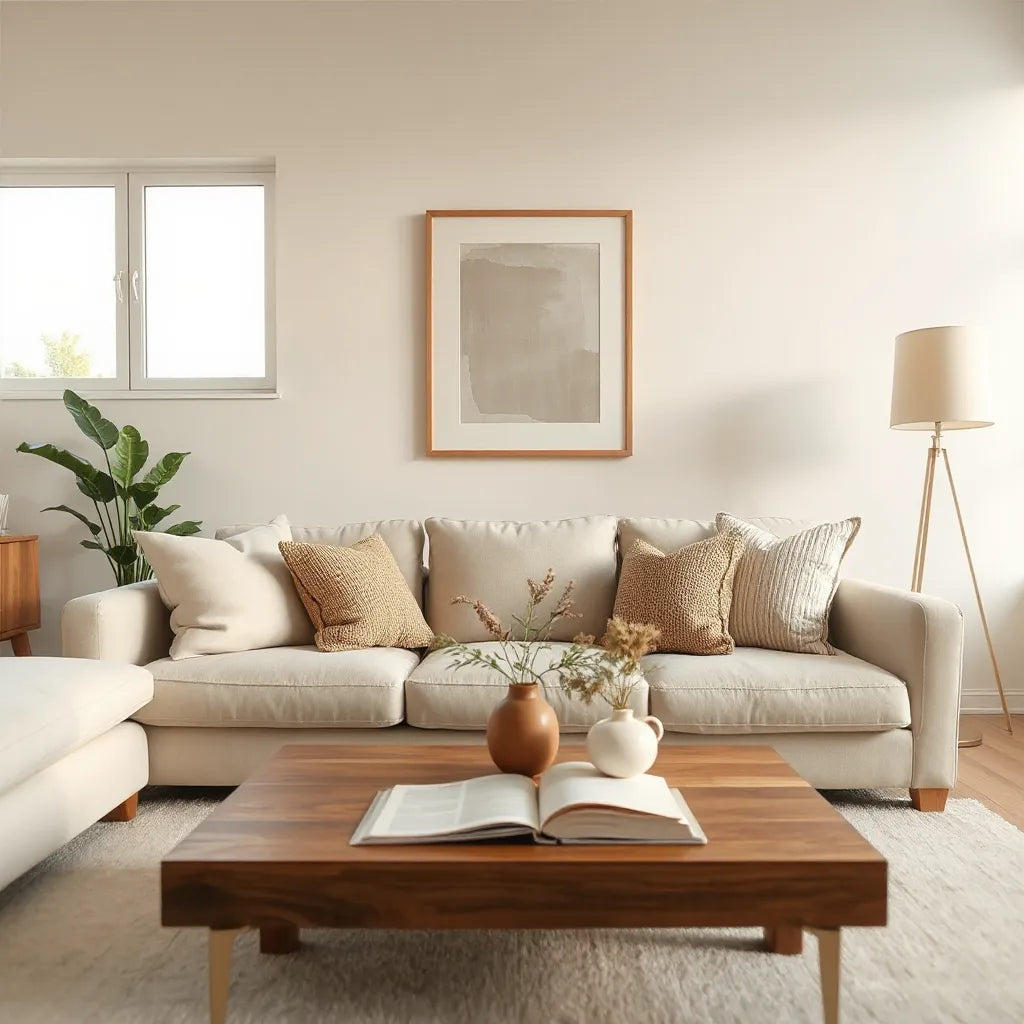 Bright living room with neutral sofa, styled coffee table, warm lighting, and simple wall art