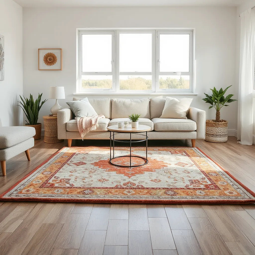 Distinctive patterned decorative rug styled in a bright living room with modern furniture