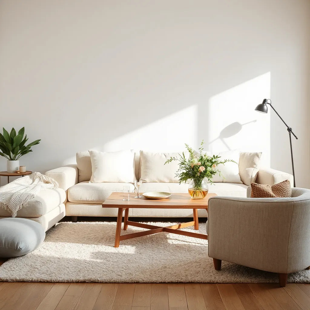 Bright living room with neutral sofa, layered pillows, rug, and a vase of fresh flowers