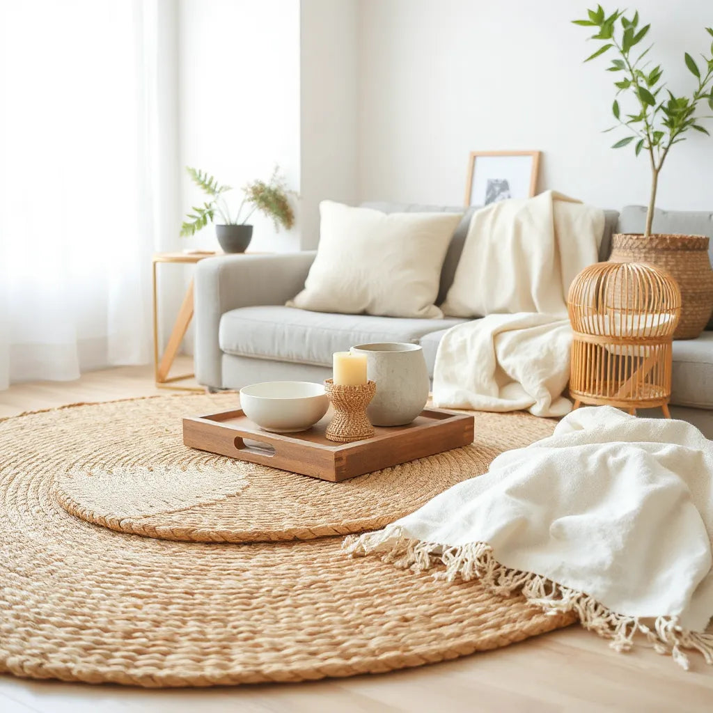 Warm living room styled with woven rug, rattan decor, linen throw, and wooden tray