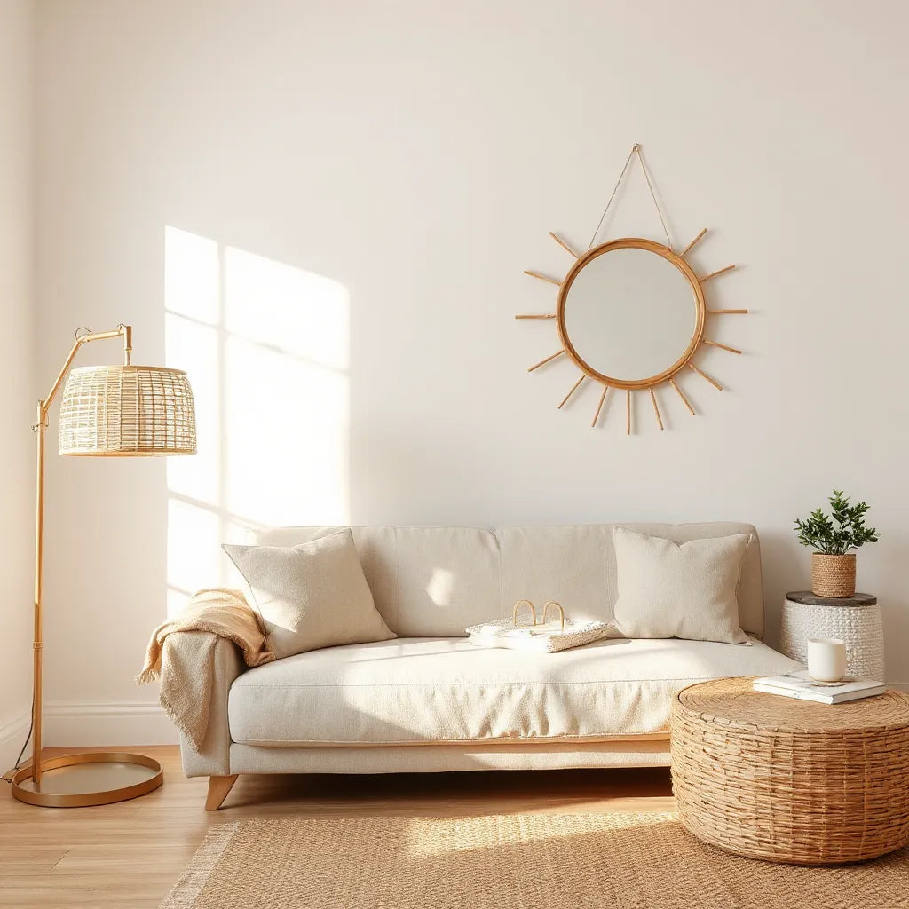 Warm living room with bamboo floor lamp, woven side table, neutral sofa, and a natural plant arrangement