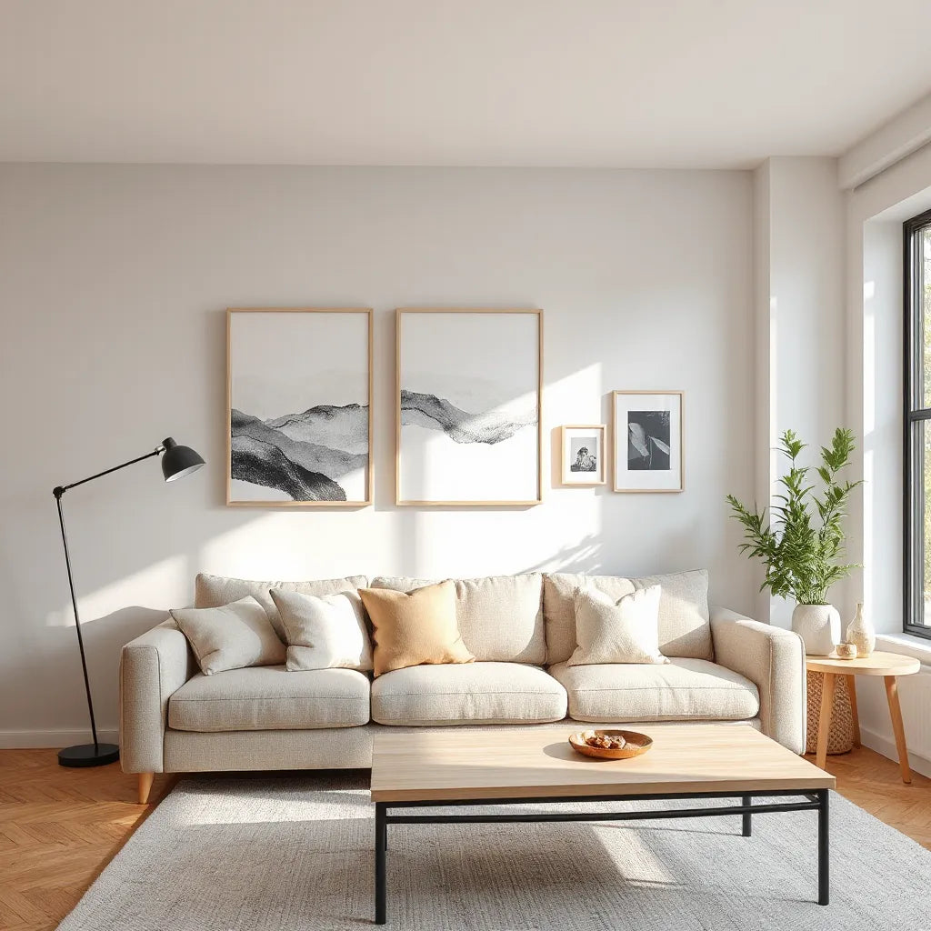 Curated frames and an abstract canvas on a modern living room wall with warm natural light