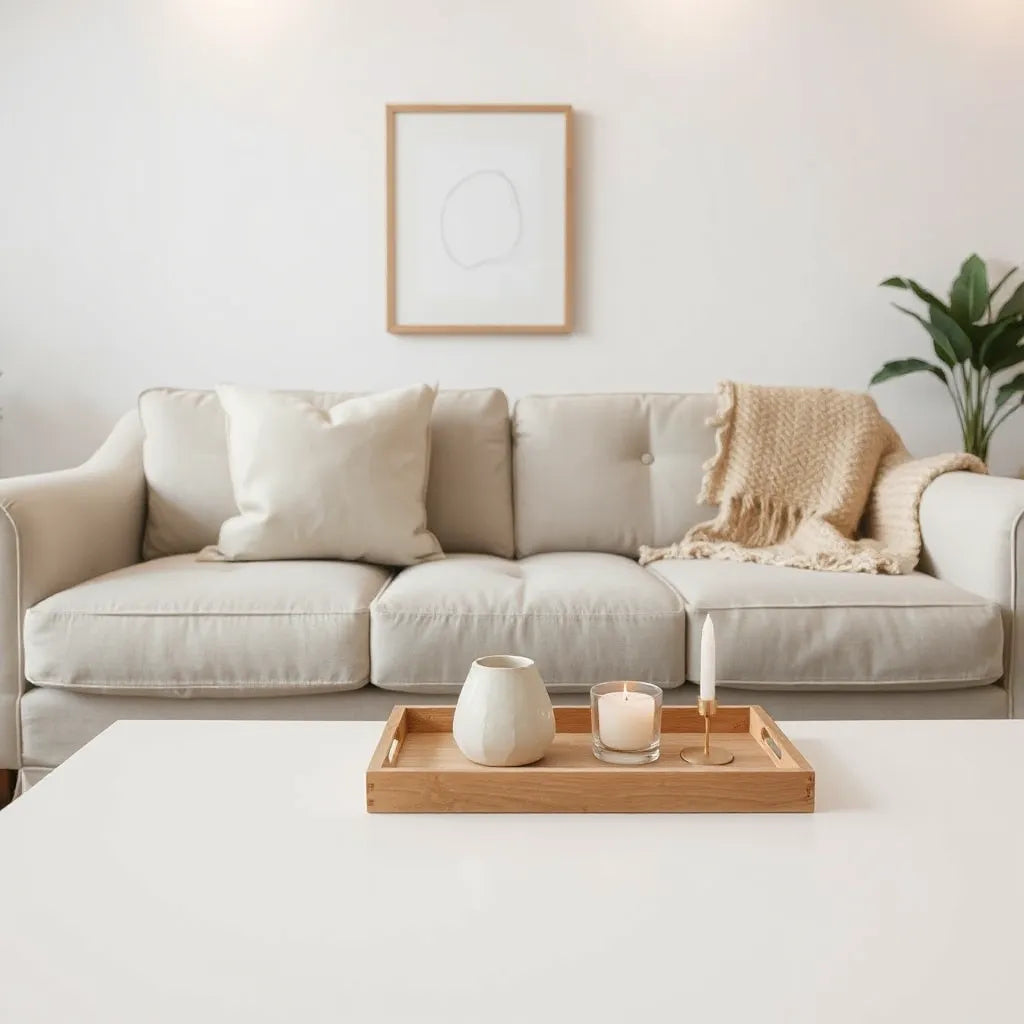 Minimalist living room styled with neutral cushions, a ceramic vase, warm lighting, and a woven throw