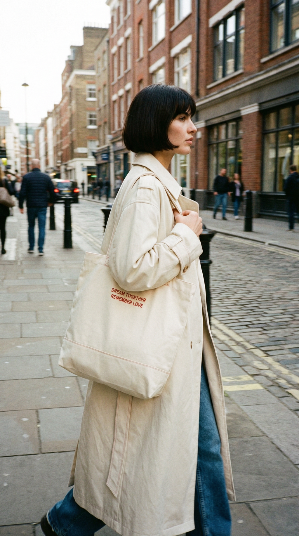 Person wearing a beige coat and holding a matching tote bag on a city street.