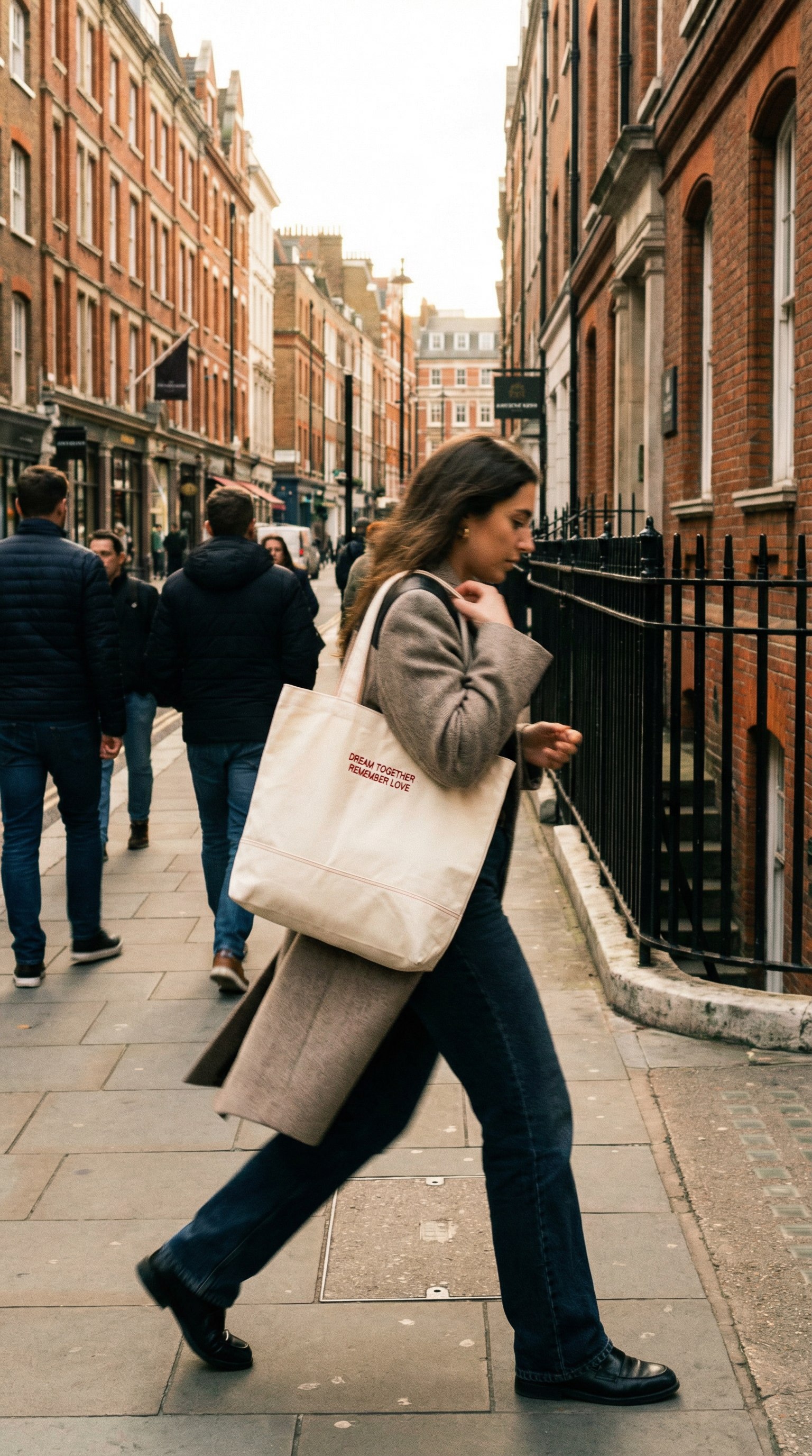 Woman walking down a city street holding a white tote bag with text.