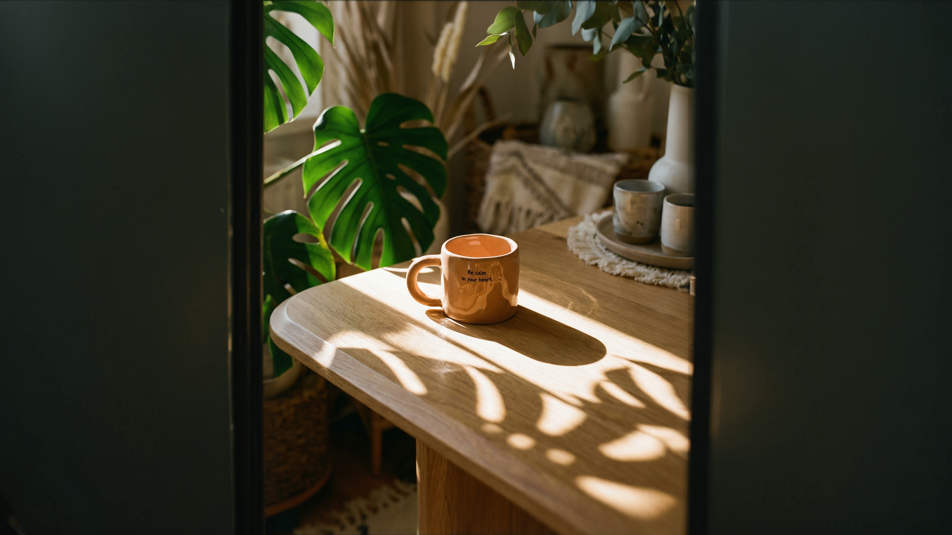 Ceramic mug on a wooden table with plants in the background